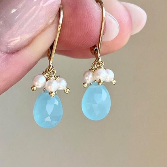 NEW 14k Aqua Blue and Freshwater Pearl Earrings - Picture 3 of 7